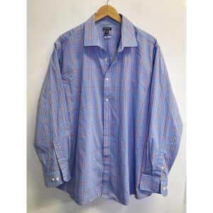 Crown Ivy Shirt Mens 18 34/35 2XL Blue Pink Plaid Stretch‎ Wrinkle Free Slim Fit